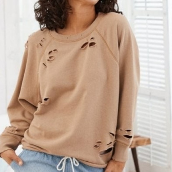 Aerie Blue Distressed Cut Up Oversized Crew Neck Sweatshirt - Picture 6 of 6